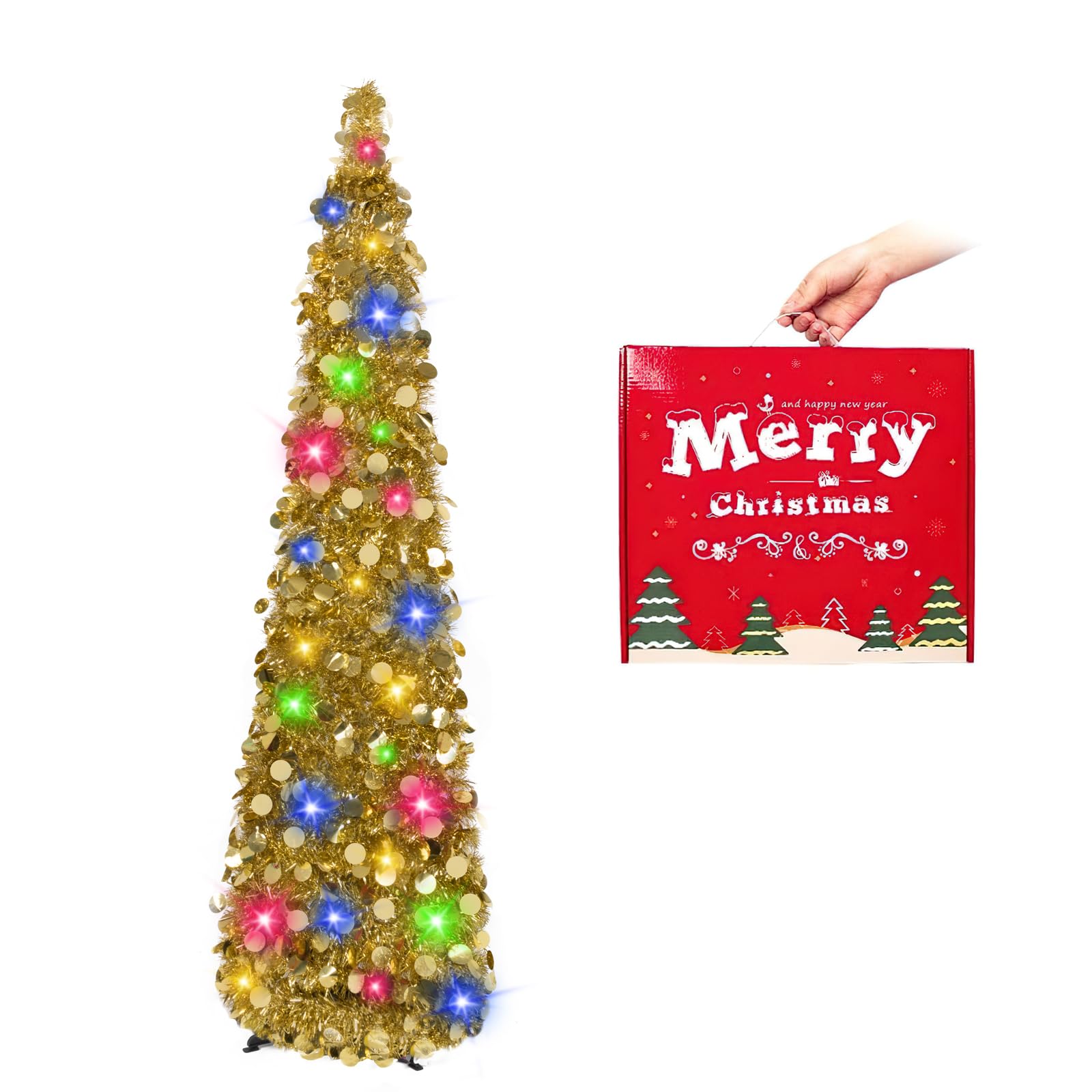 MACTING Pop Up Christmas Tinsel Tree with Lights